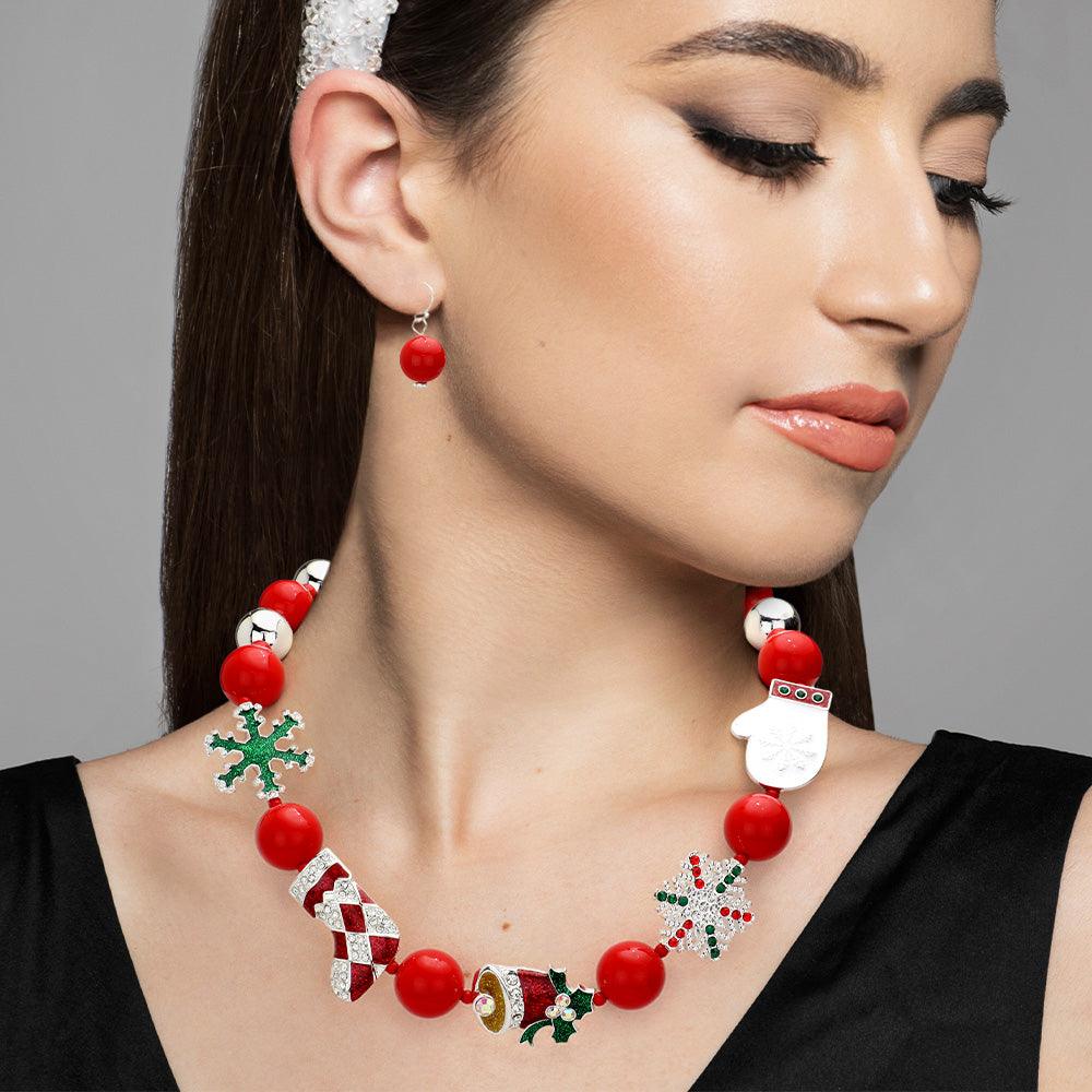 Red Snowflake Christmas Socks Jingle Bell Glove Pointed Beaded Necklace
