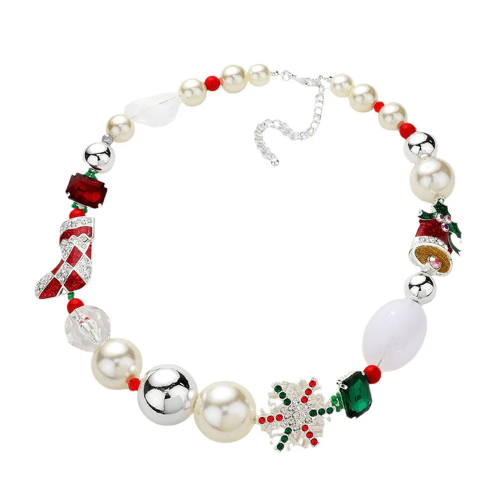 Silver Christmas Socks Snowflake Jingle Bell Pointed Pearl Metal Ball Necklace - Jewelry Store by Erik Rayo