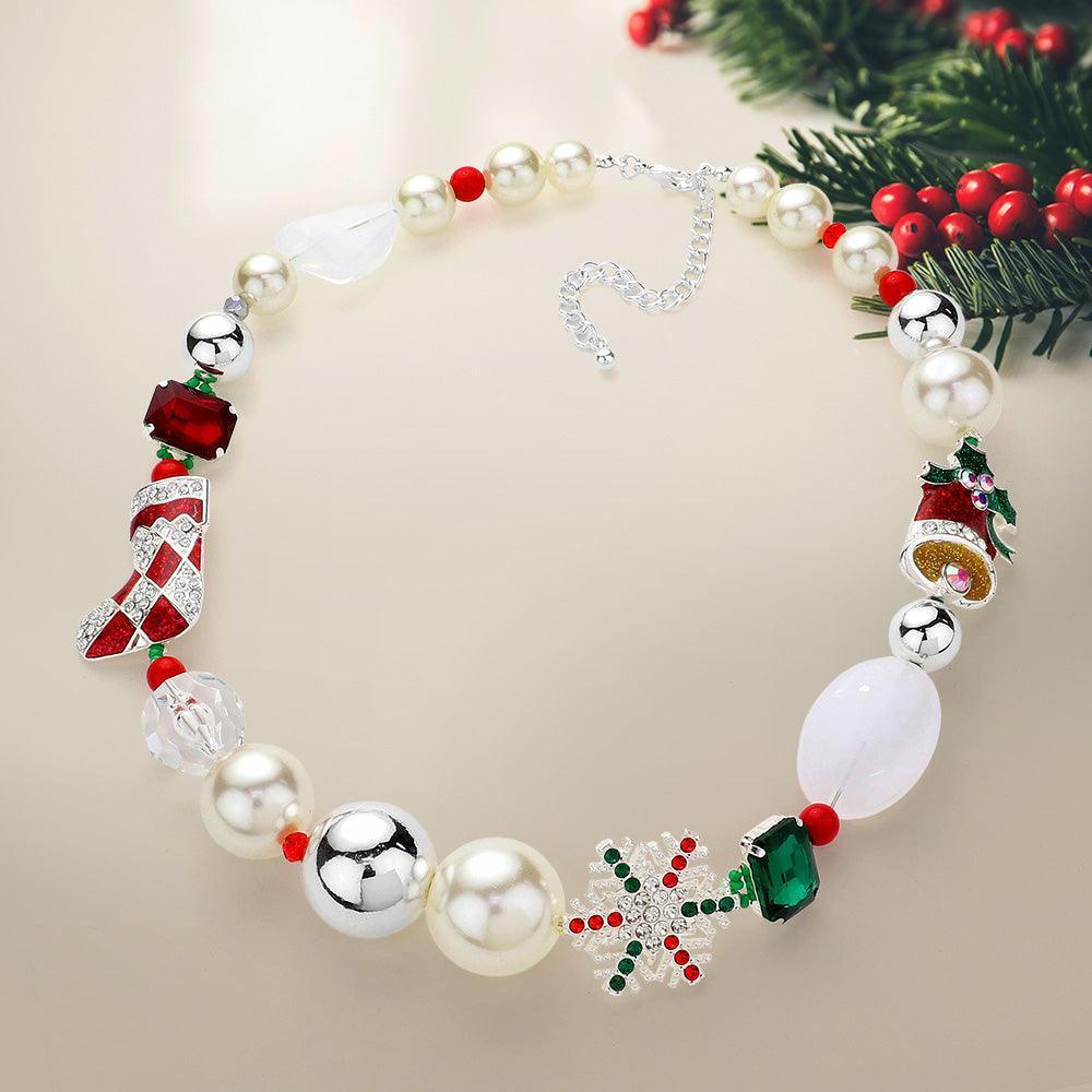 Silver Christmas Socks Snowflake Jingle Bell Pointed Pearl Metal Ball Necklace - Jewelry Store by Erik Rayo