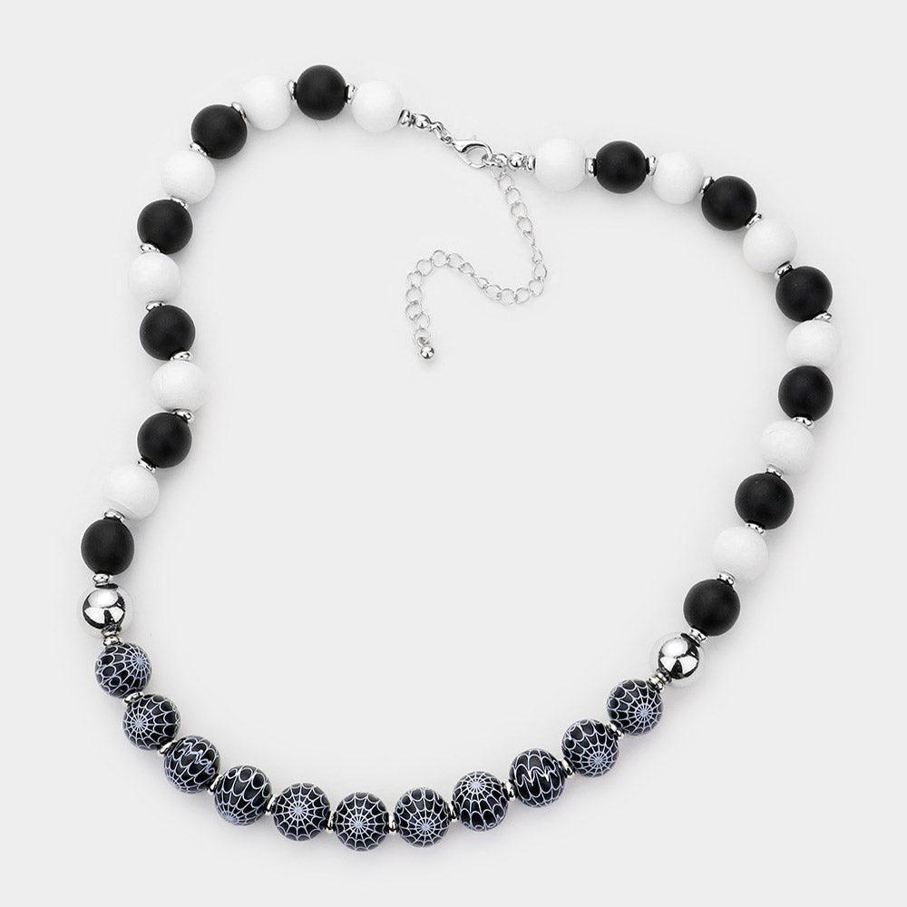 Black Halloween Spider Web Accented Wood Beaded Necklace - Jewelry Store by Erik Rayo