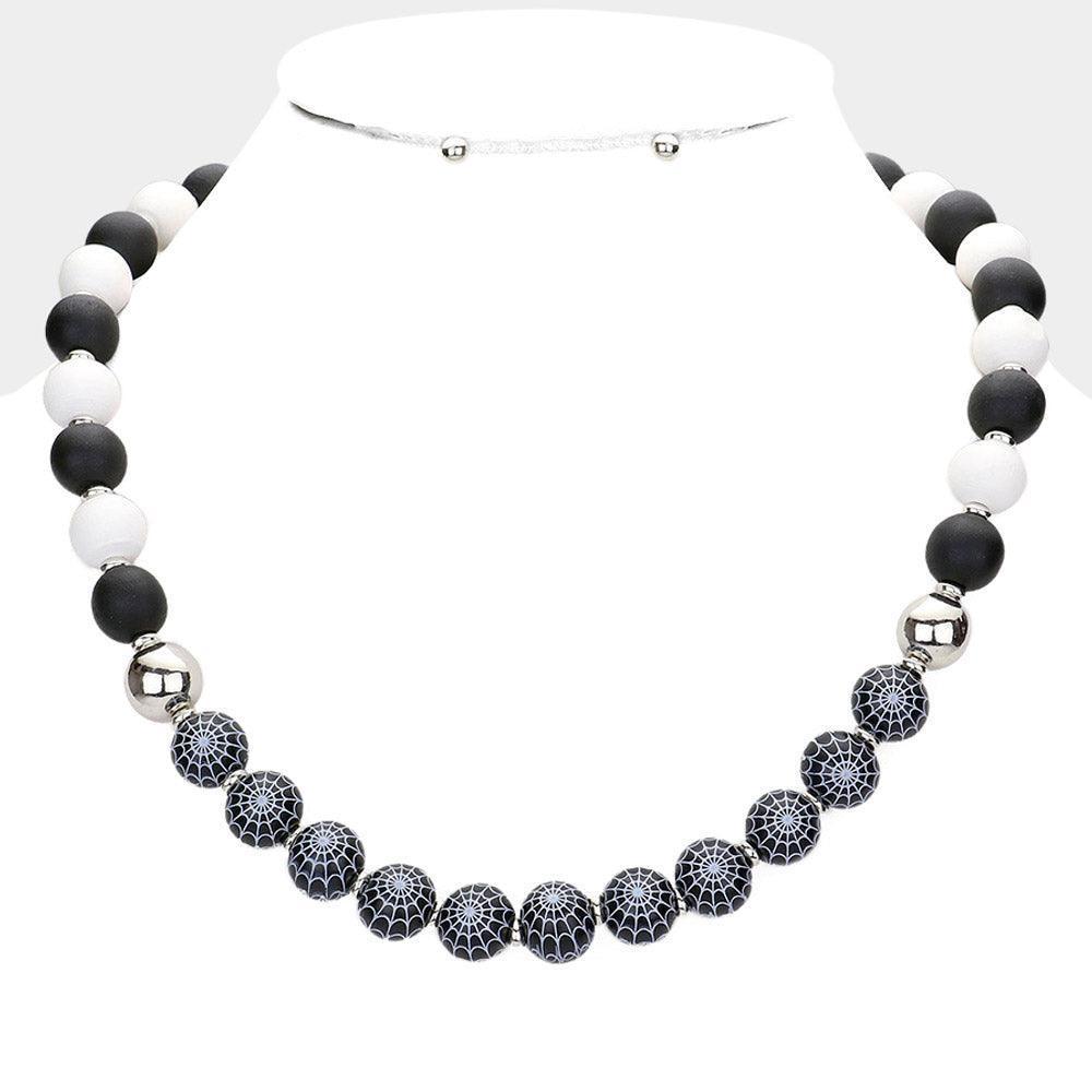 Black Halloween Spider Web Accented Wood Beaded Necklace - Jewelry Store by Erik Rayo