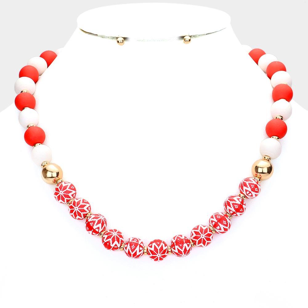 Red Christmas Theme Wood Beads Necklace