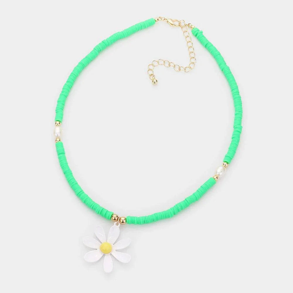 Green Flower Pendant Pearl Heishi Beaded Necklace - Jewelry Store by Erik Rayo