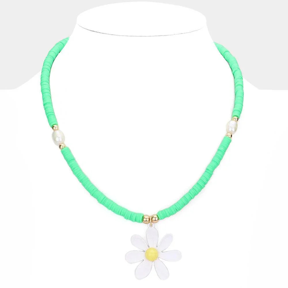 Green Flower Pendant Pearl Heishi Beaded Necklace - Jewelry Store by Erik Rayo