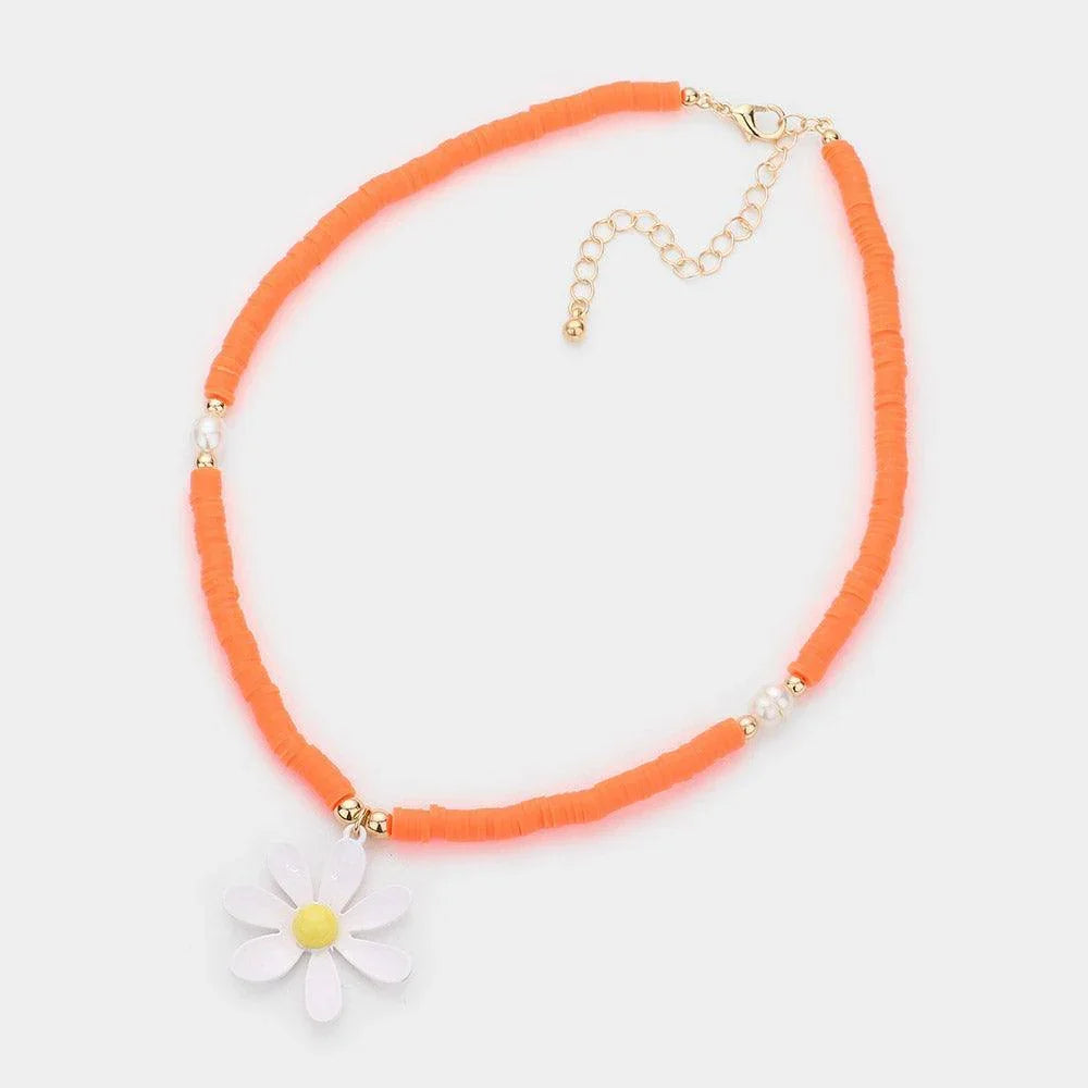 Orange Flower Pendant Pearl Heishi Beaded Necklace - Jewelry Store by Erik Rayo