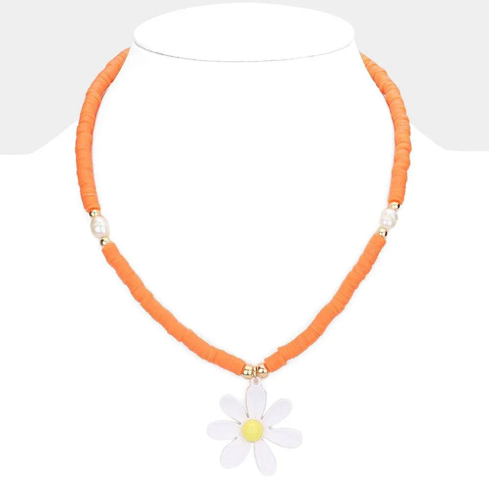 Orange Flower Pendant Pearl Heishi Beaded Necklace - Jewelry Store by Erik Rayo