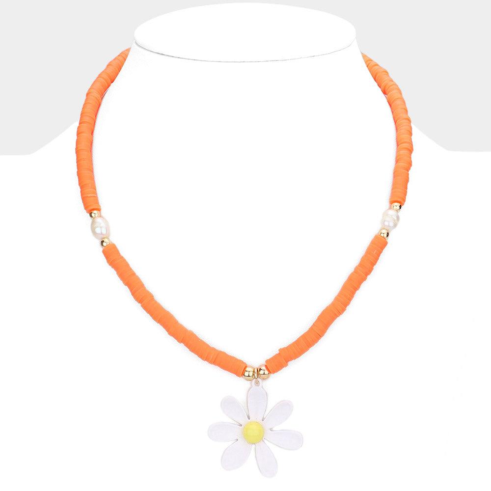 Orange Flower Pendant Pearl Heishi Beaded Necklace