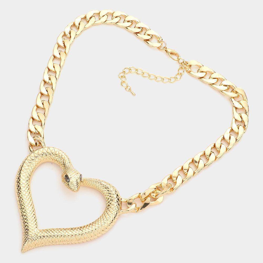 Gold Stone Embellished Metal Snake Heart Pendant Necklace - Jewelry Store by Erik Rayo