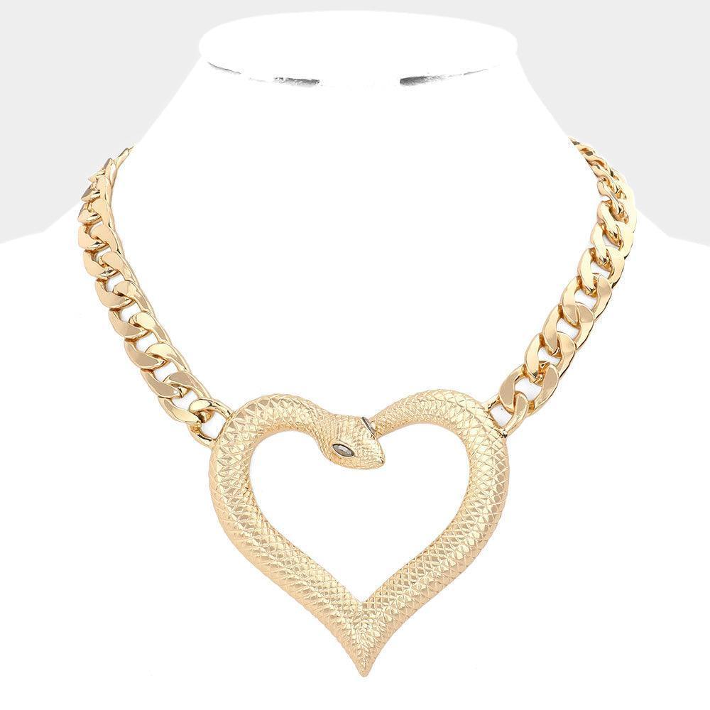 Gold Stone Embellished Metal Snake Heart Pendant Necklace - Jewelry Store by Erik Rayo