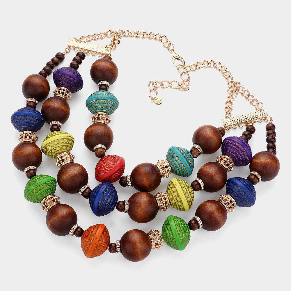 Multi Color Wood Beaded Layered Statement Necklace - Jewelry Store by Erik Rayo