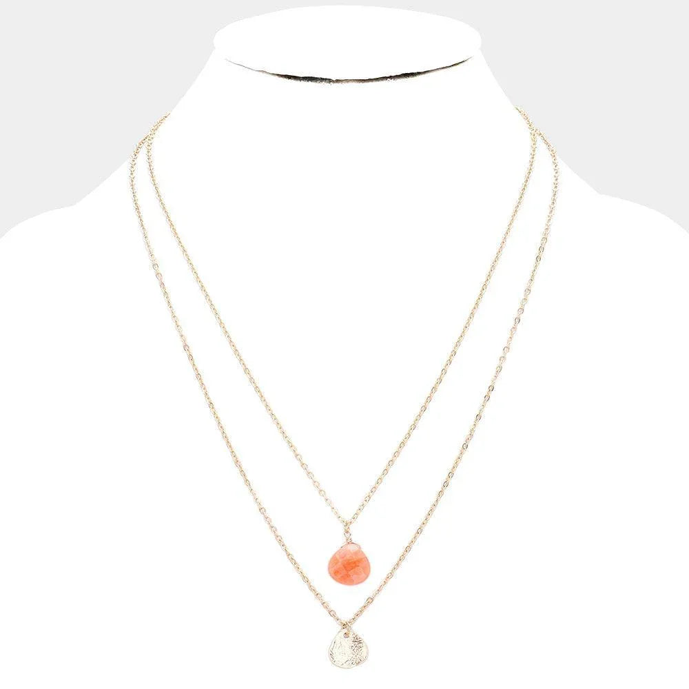 Peach Stone Pendant Metal Layered Necklace - Jewelry Store by Erik Rayo
