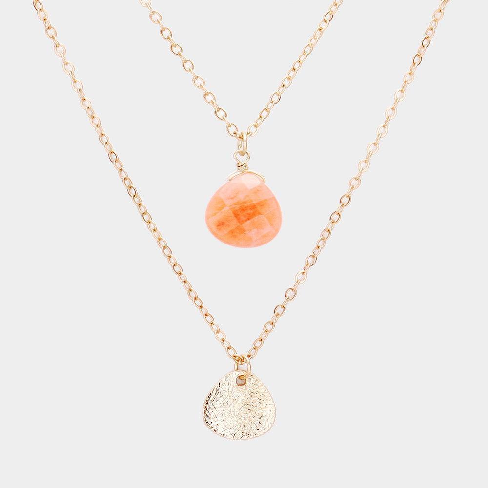 Peach Stone Pendant Metal Layered Necklace - Jewelry Store by Erik Rayo
