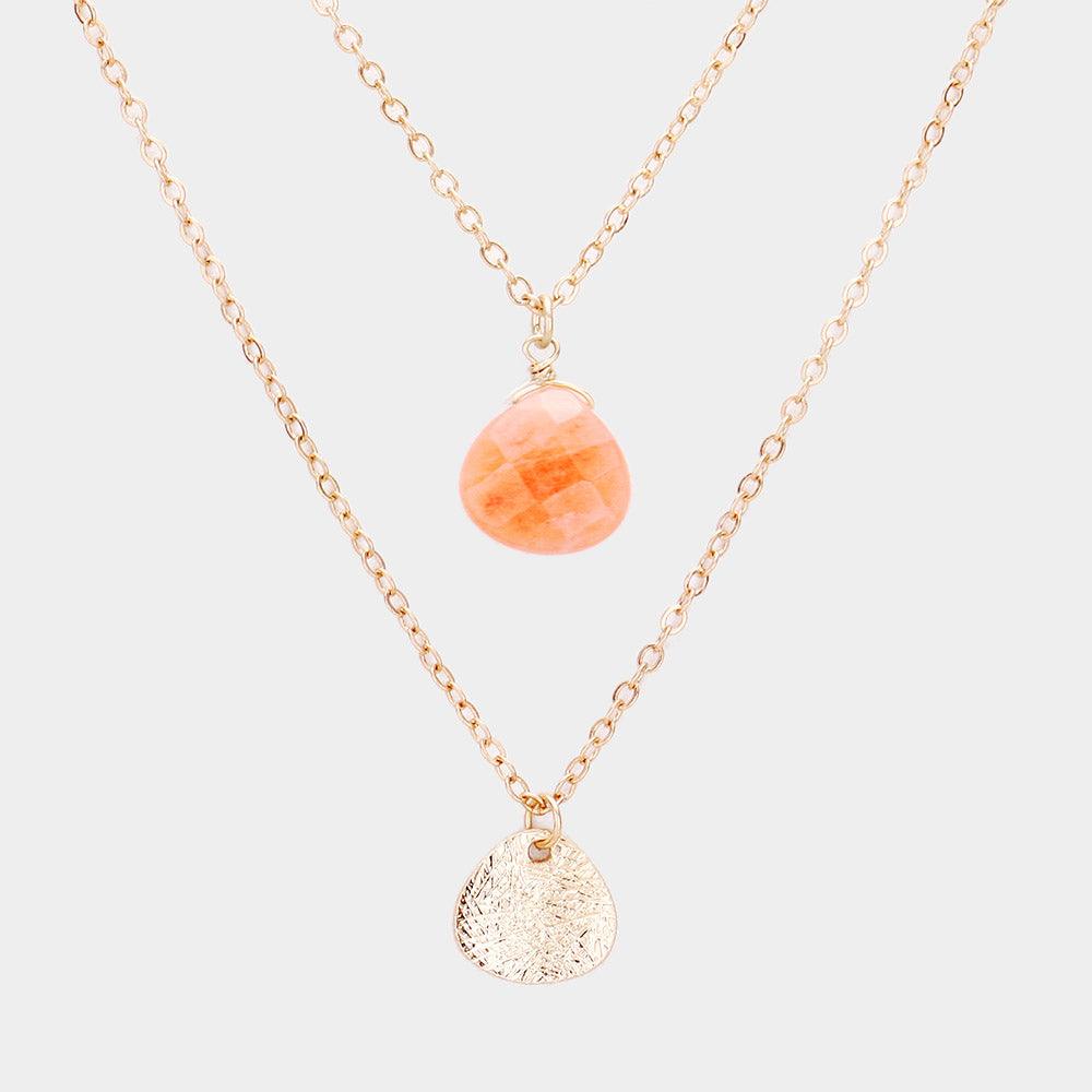 Peach Stone Pendant Metal Layered Necklace