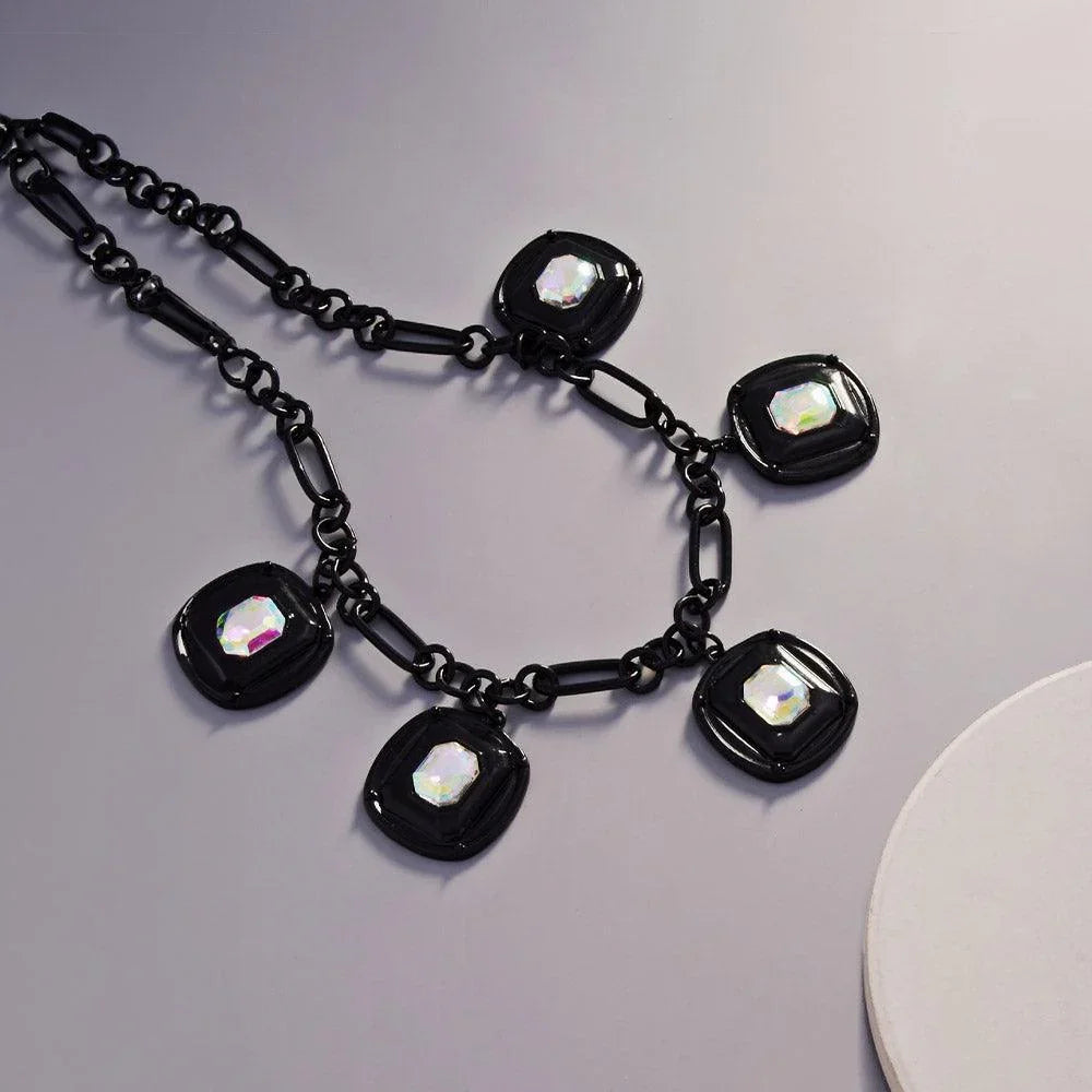 Black Crystal Stone Square Cluster Charm Necklace - Jewelry Store by Erik Rayo