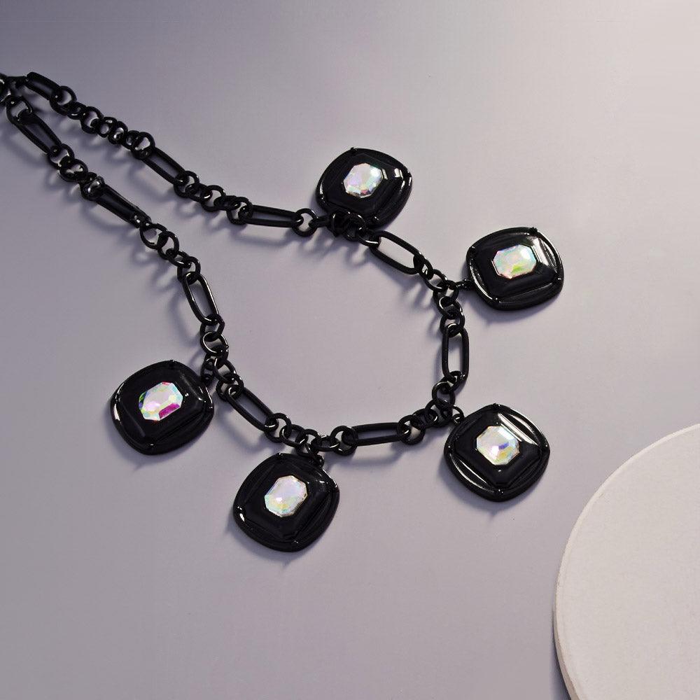 Black Crystal Stone Square Cluster Charm Necklace