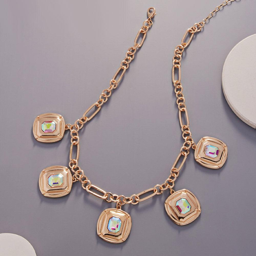 Gold Crystal Stone Square Cluster Charm Necklace