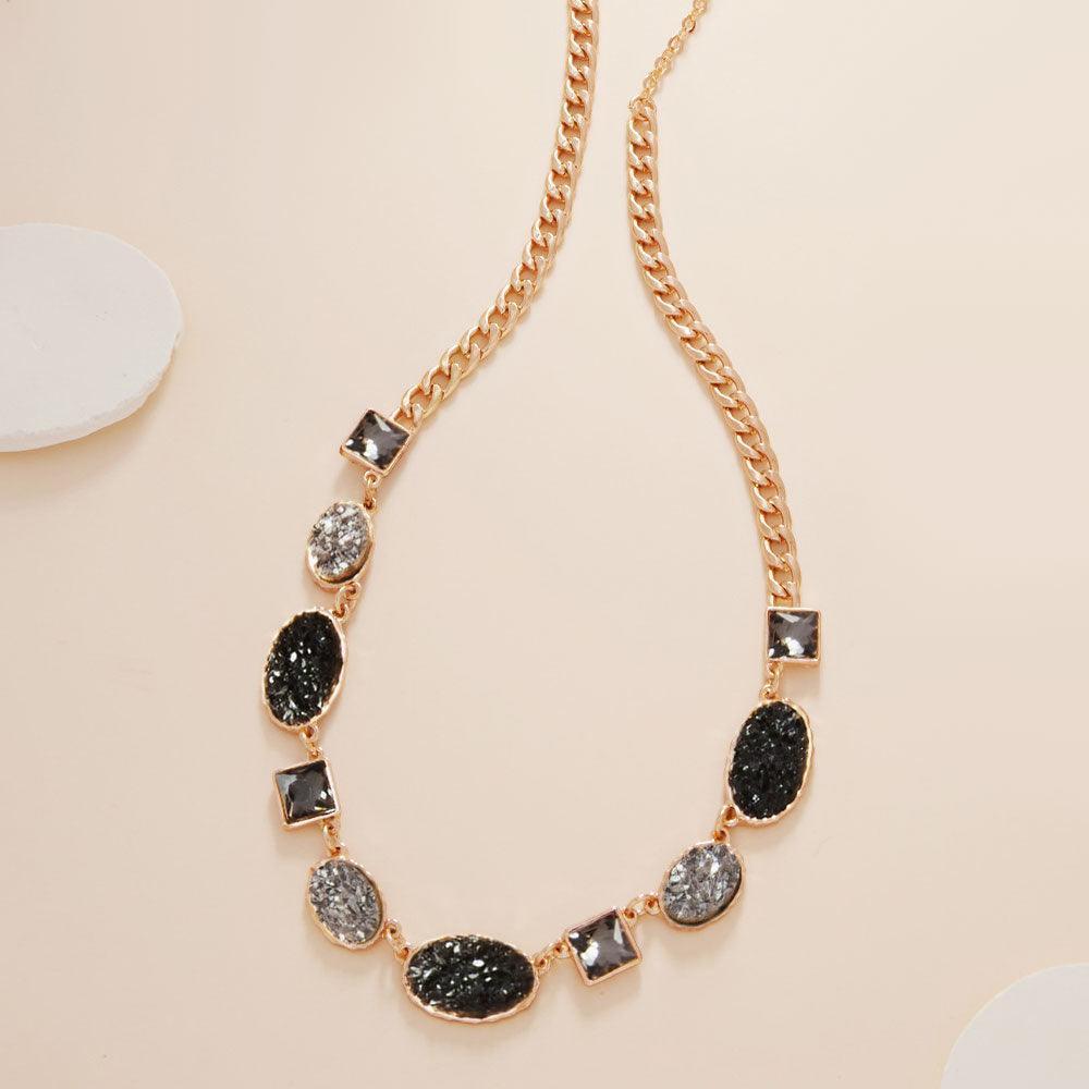 Black Oval Druzy Square Stone Cluster Station Necklace - Jewelry Store by Erik Rayo