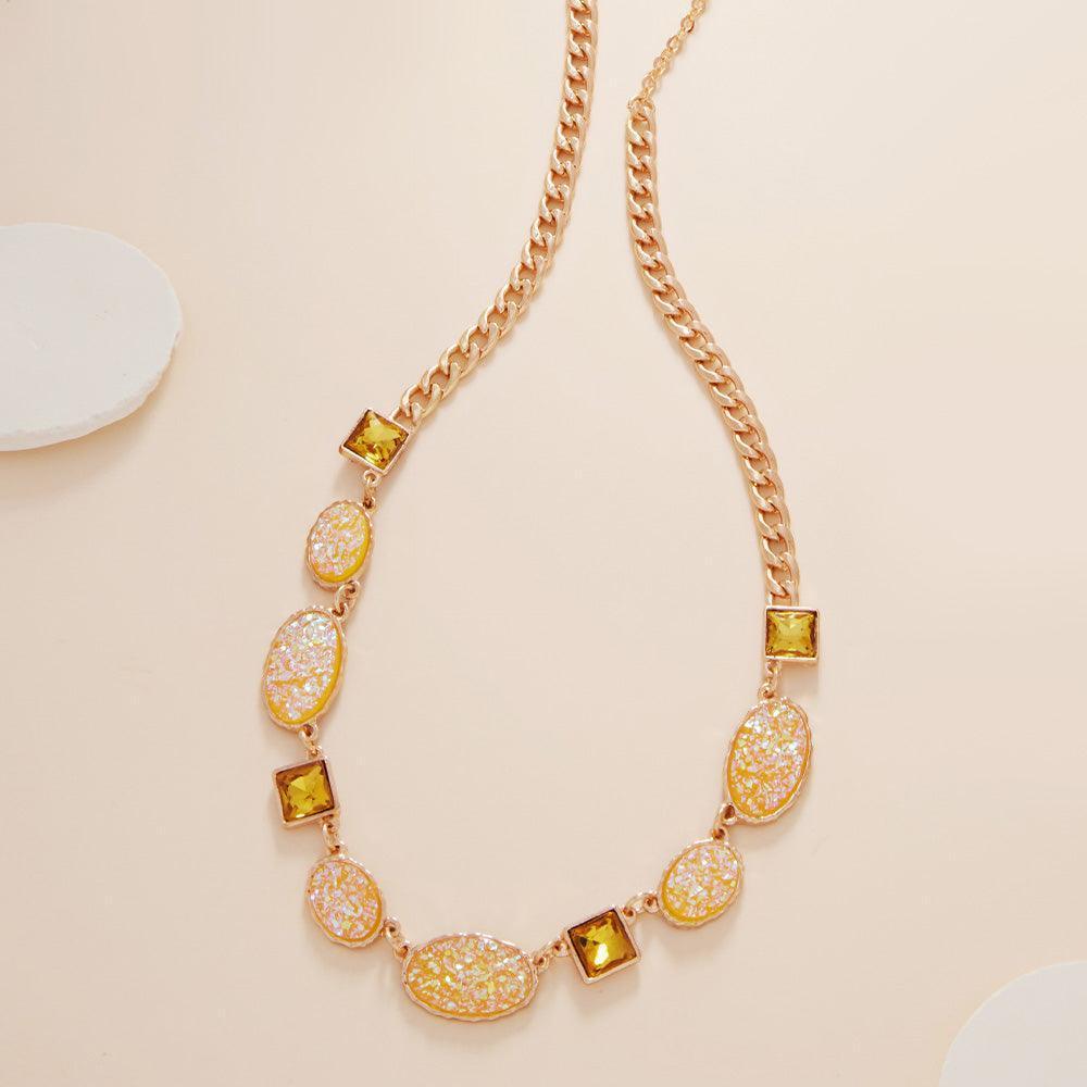 Yellow Oval Druzy Square Stone Cluster Station Necklace - Jewelry Store by Erik Rayo