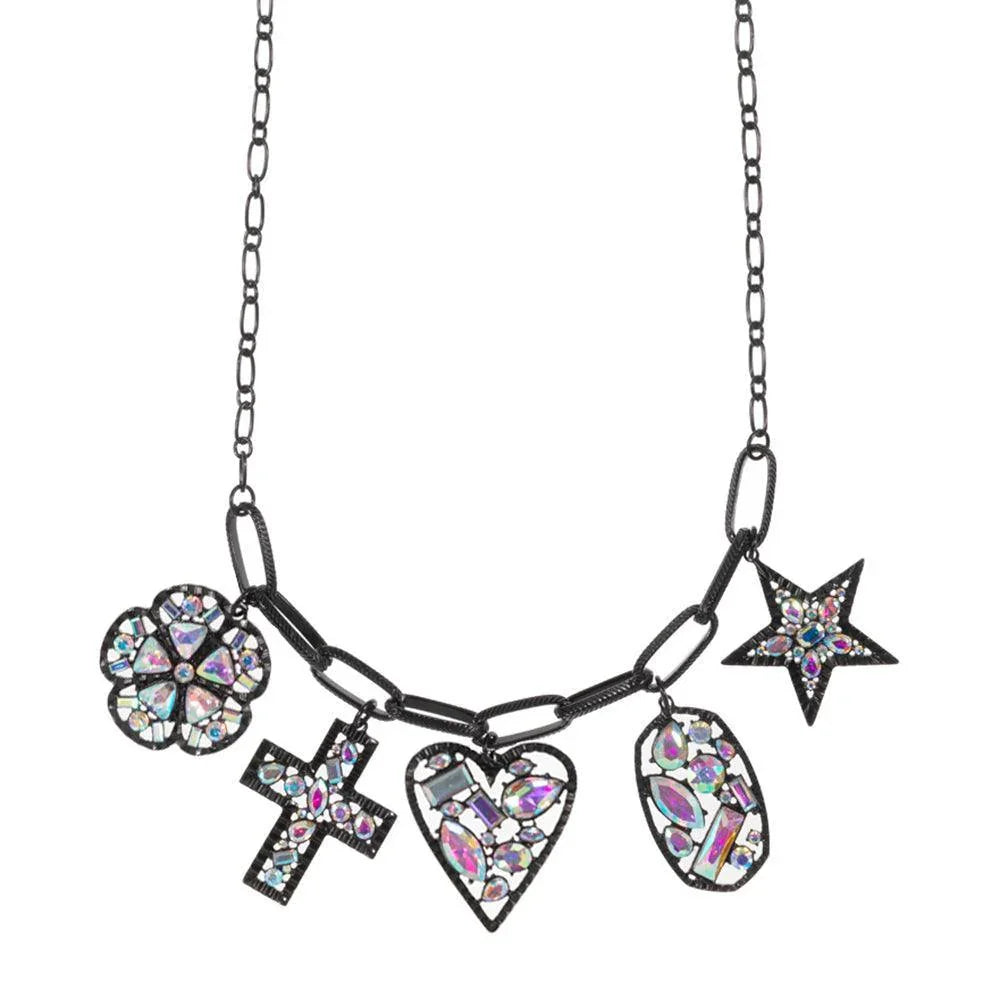 Black Stone Embellished Star Heart Oval Flower Pendant Charm Station Necklace - Jewelry Store by Erik Rayo