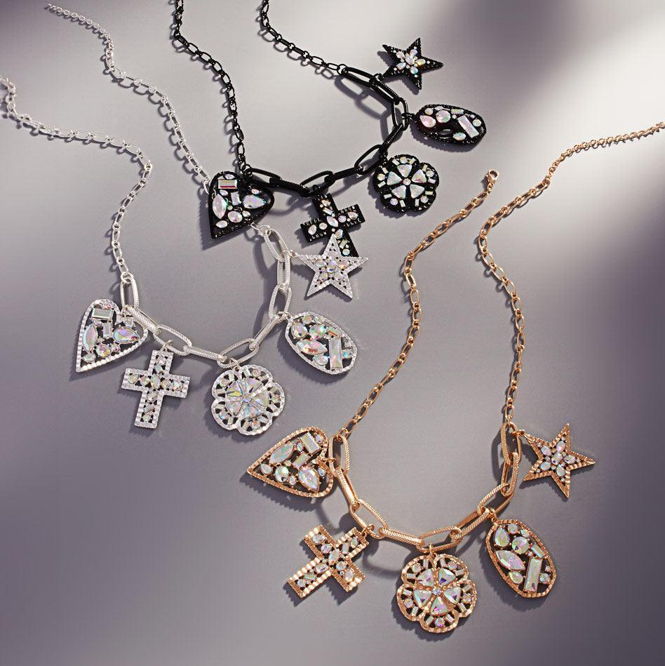 Black Stone Embellished Star Heart Oval Flower Pendant Charm Station Necklace - Jewelry Store by Erik Rayo