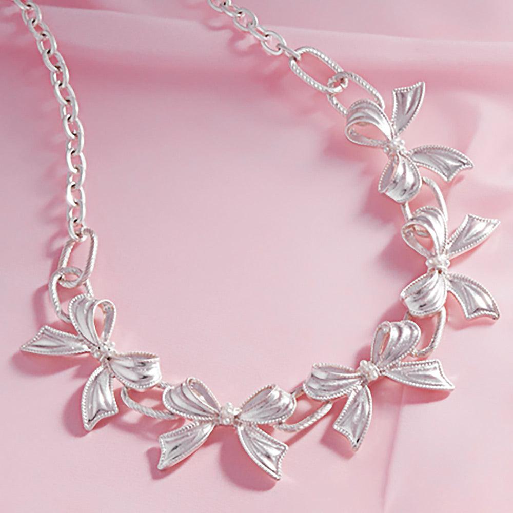 Silver Pearl Pointed Metal Bow Link Necklace