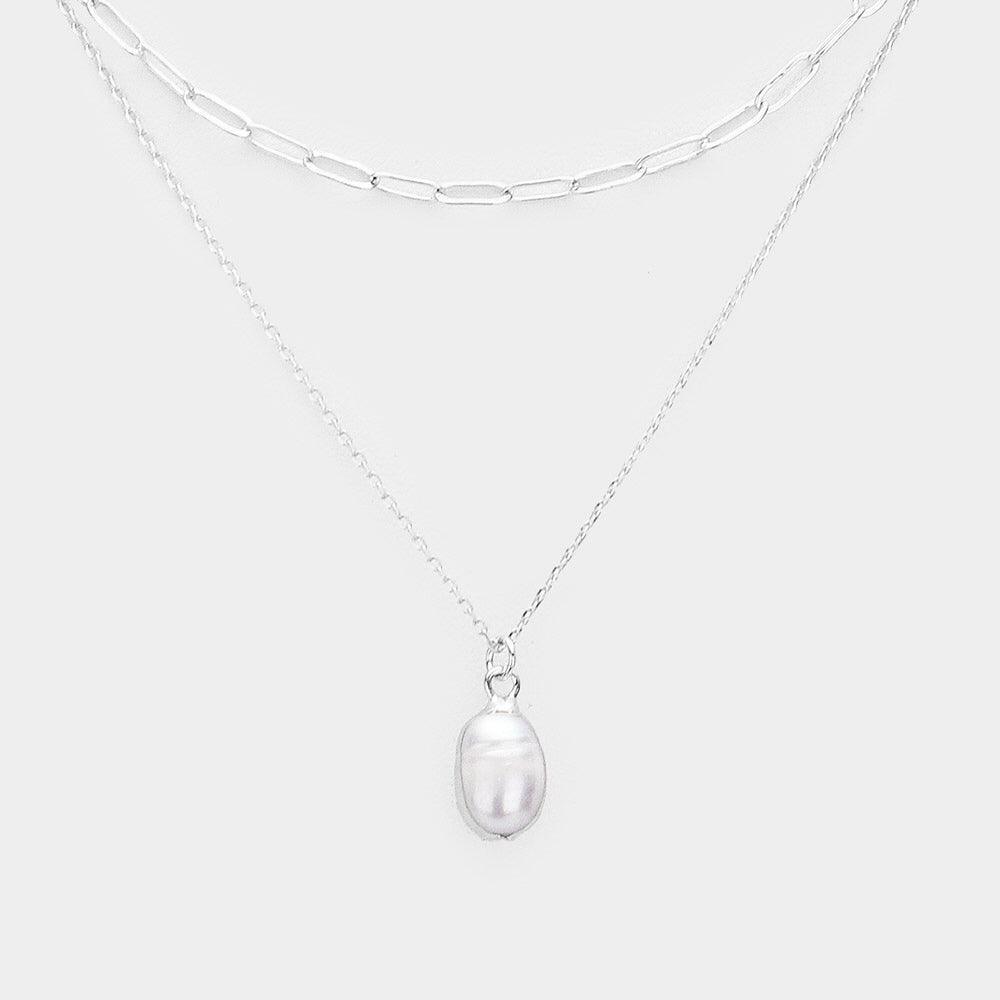 White Pearl Pendant Layered Necklace