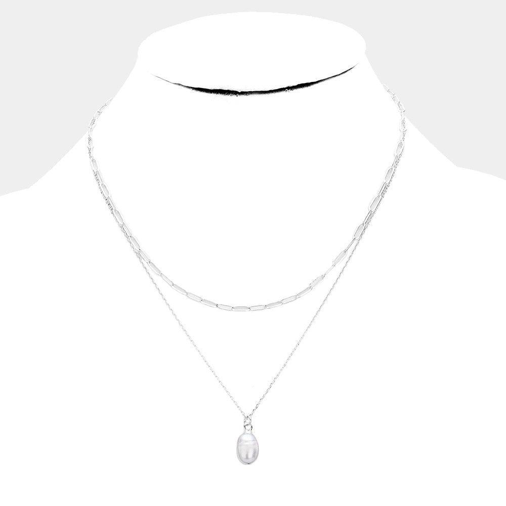White Pearl Pendant Layered Necklace