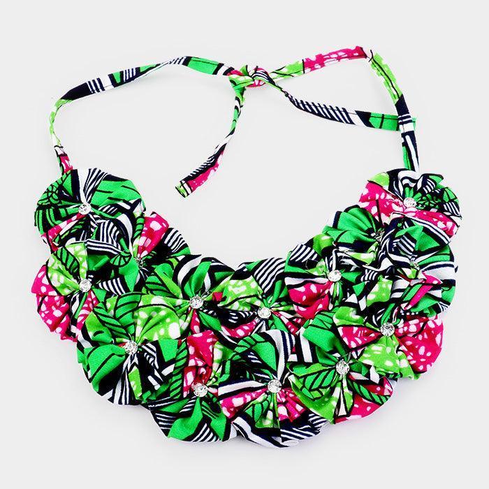 Green Crystal Centered Fabric Round Cluster Collar Necklace - Jewelry Store by Erik Rayo