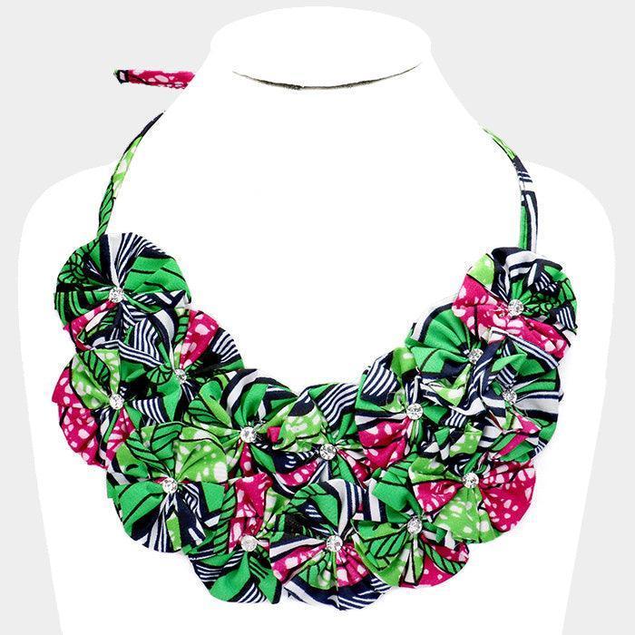Green Crystal Centered Fabric Round Cluster Collar Necklace - Jewelry Store by Erik Rayo