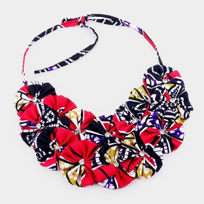 Pink Crystal Centered Fabric Round Cluster Collar Necklace - Jewelry Store by Erik Rayo