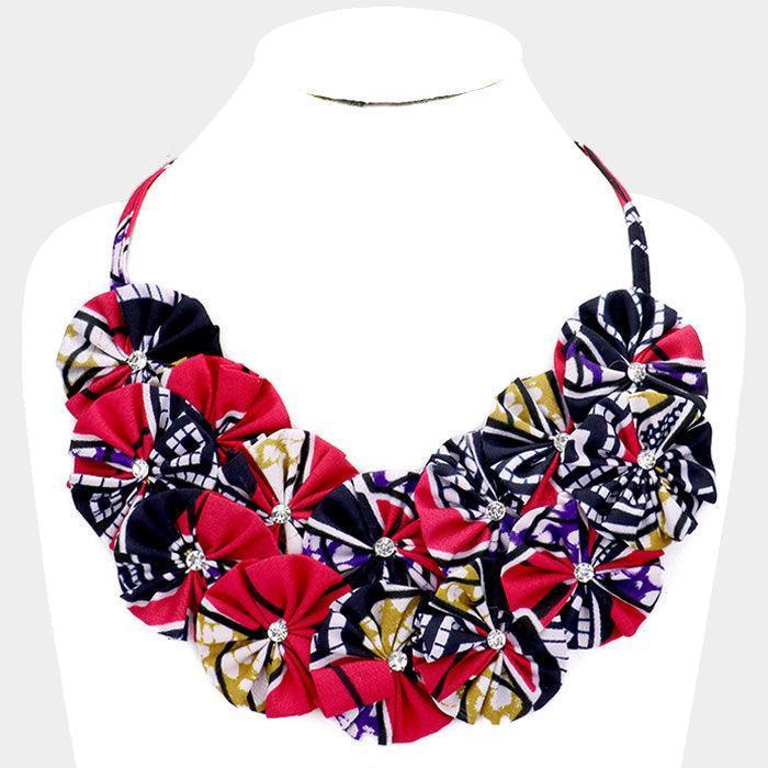 Pink Crystal Centered Fabric Round Cluster Collar Necklace - Jewelry Store by Erik Rayo