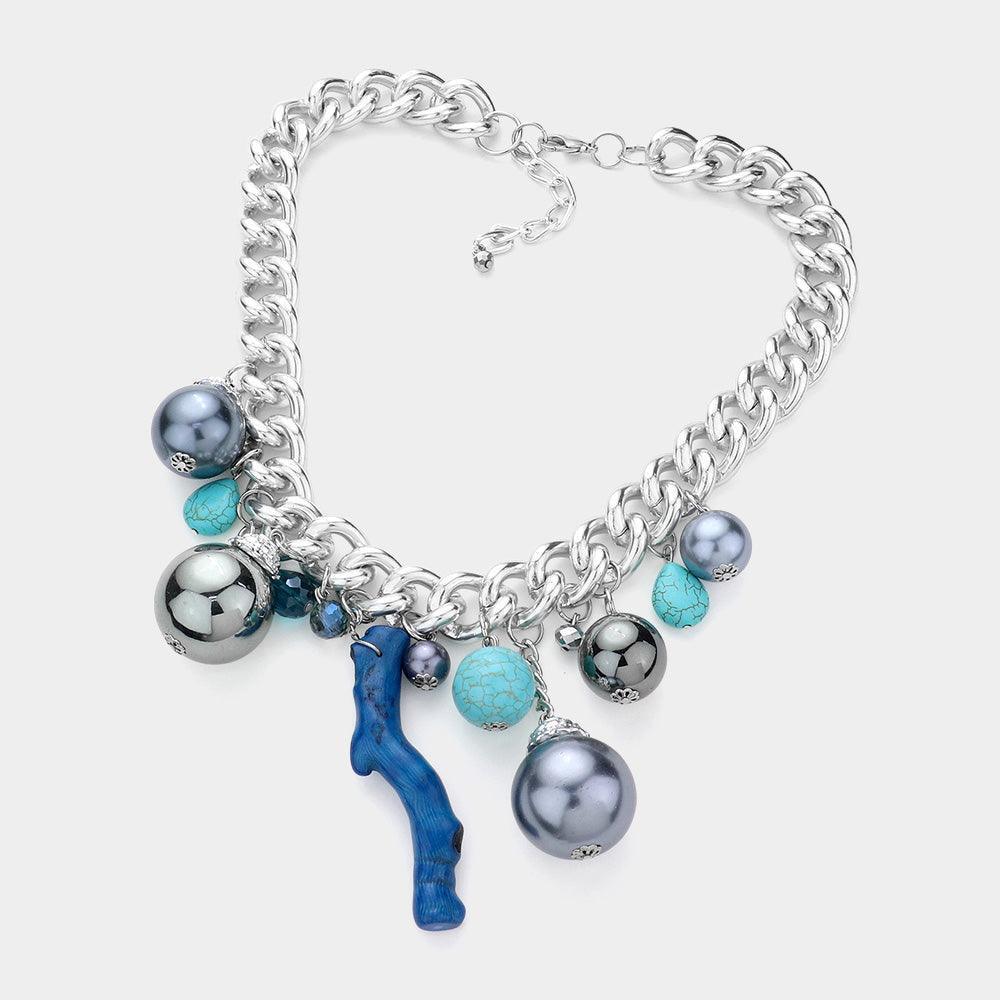 Blue Natural Stone Metal Ball Pearl Coral Link Statement Necklace - Jewelry Store by Erik Rayo