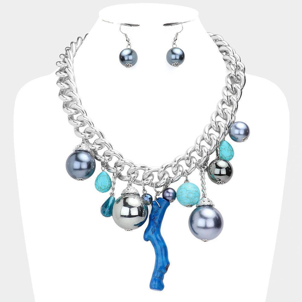 Blue Natural Stone Metal Ball Pearl Coral Link Statement Necklace - Jewelry Store by Erik Rayo