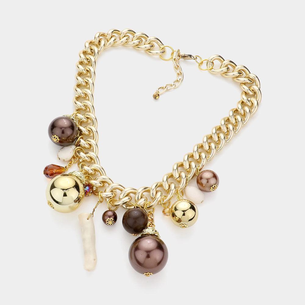 Brown Natural Stone Metal Ball Pearl Coral Link Statement Necklace - Jewelry Store by Erik Rayo