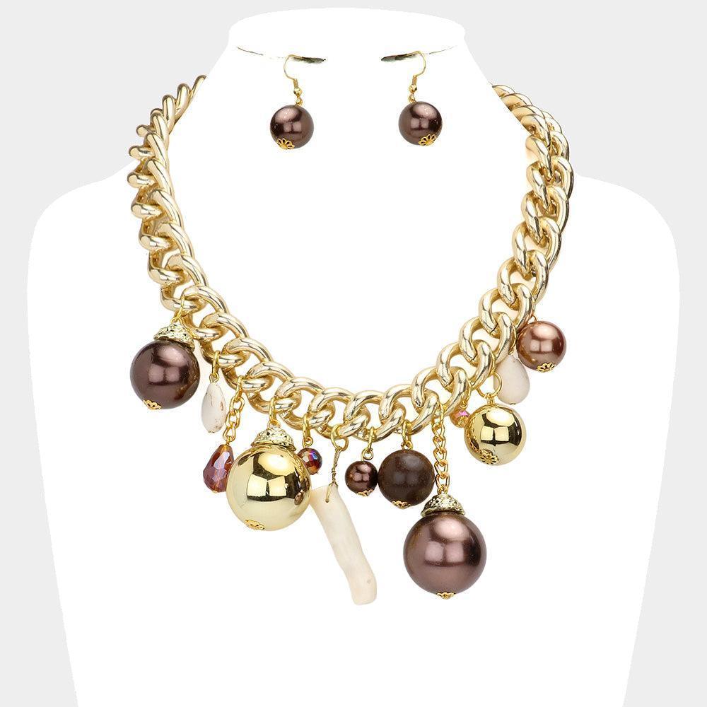 Brown Natural Stone Metal Ball Pearl Coral Link Statement Necklace - Jewelry Store by Erik Rayo