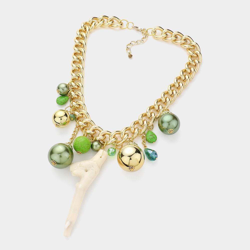 Green Natural Stone Metal Ball Pearl Coral Link Statement Necklace - Jewelry Store by Erik Rayo