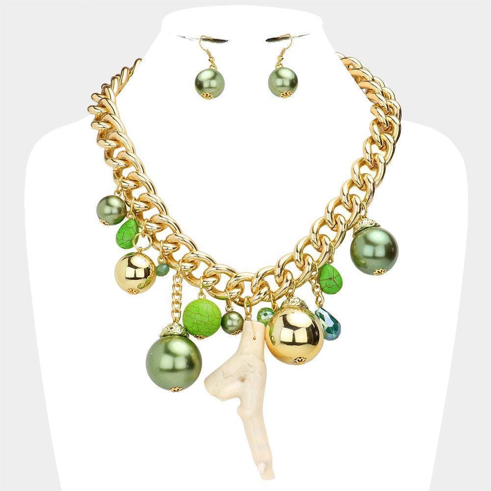 Green Natural Stone Metal Ball Pearl Coral Link Statement Necklace - Jewelry Store by Erik Rayo