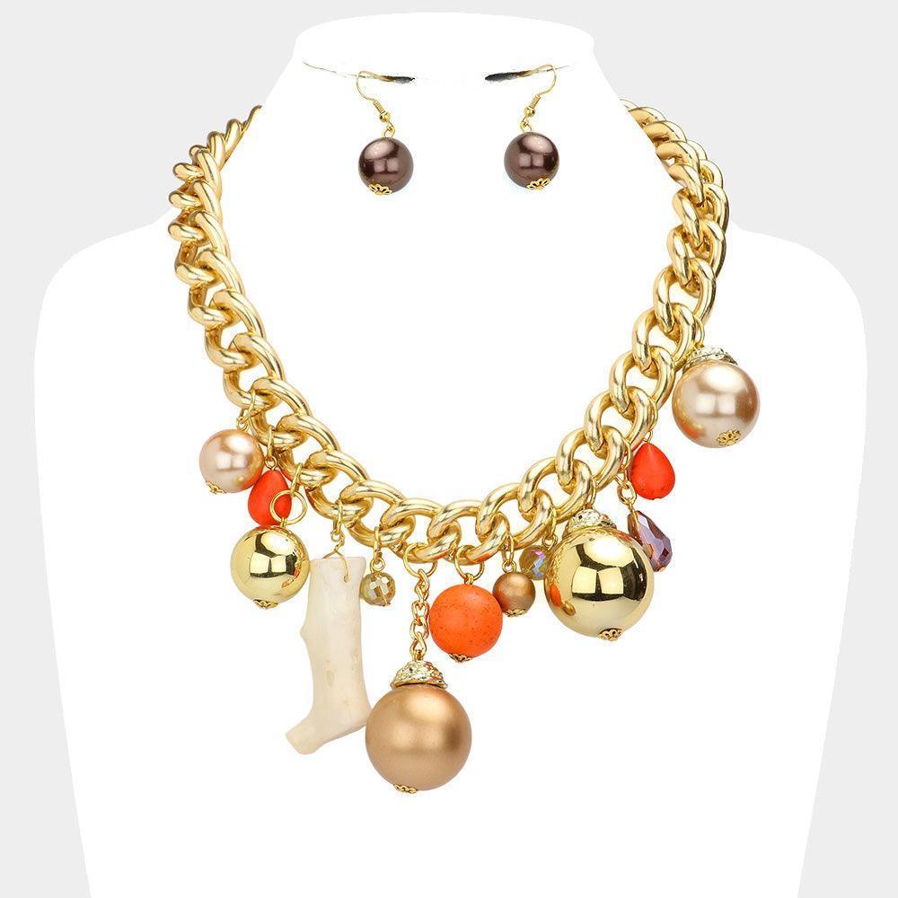 Natural Stone Metal Ball Pearl Coral Link Statement Necklace - Jewelry Store by Erik Rayo