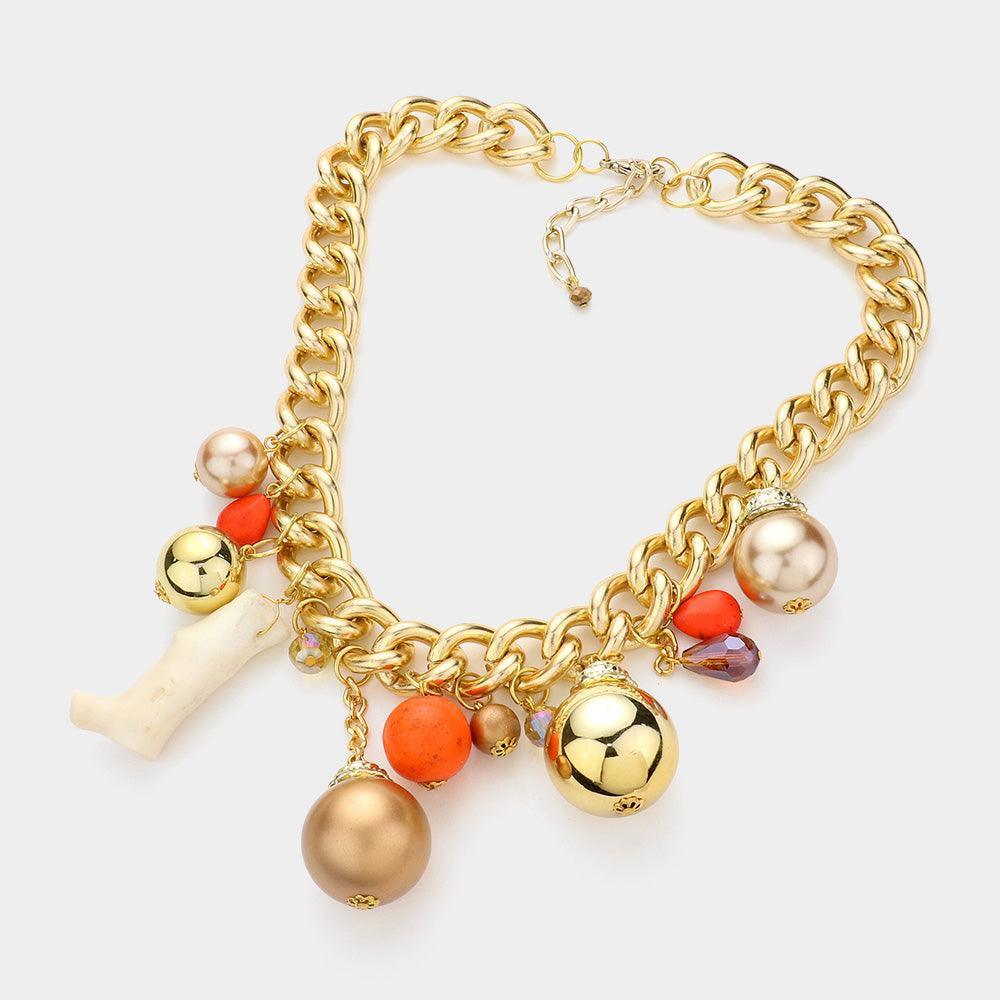 Natural Stone Metal Ball Pearl Coral Link Statement Necklace - Jewelry Store by Erik Rayo