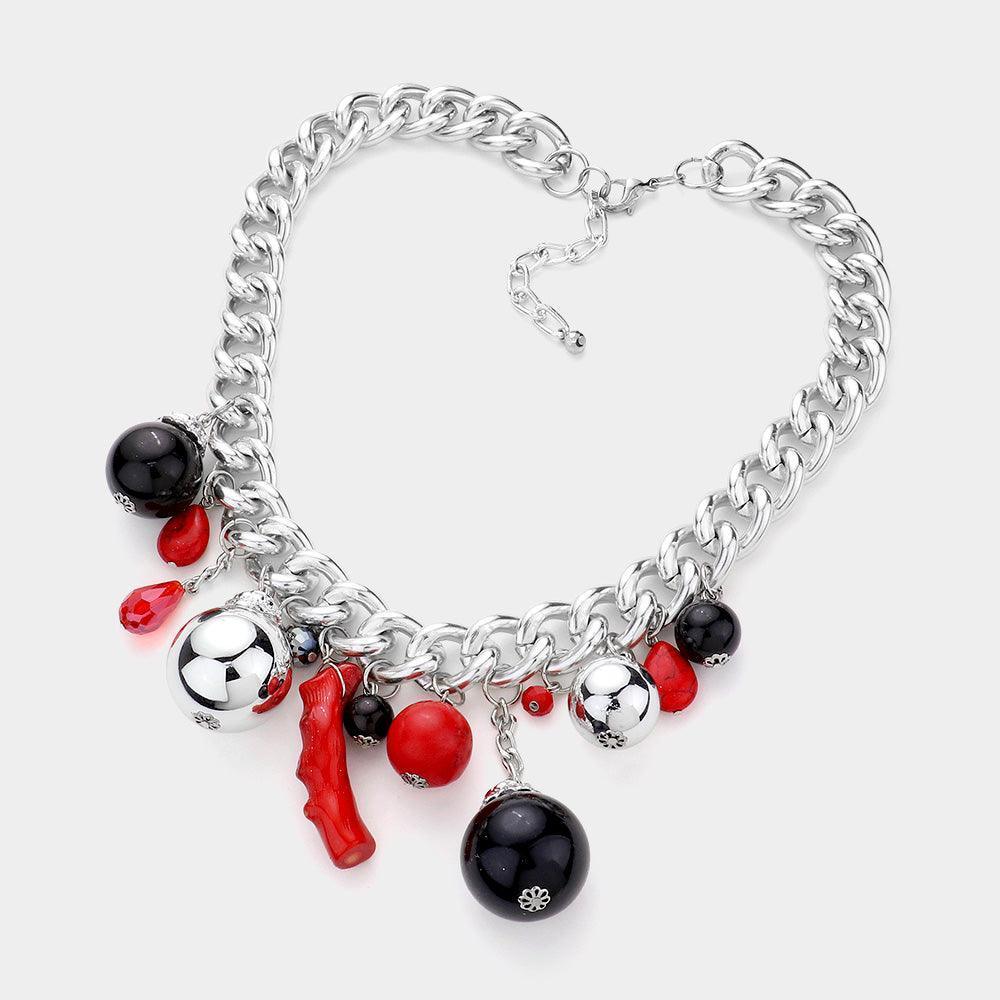 Red Natural Stone Metal Ball Pearl Coral Link Statement Necklace - Jewelry Store by Erik Rayo