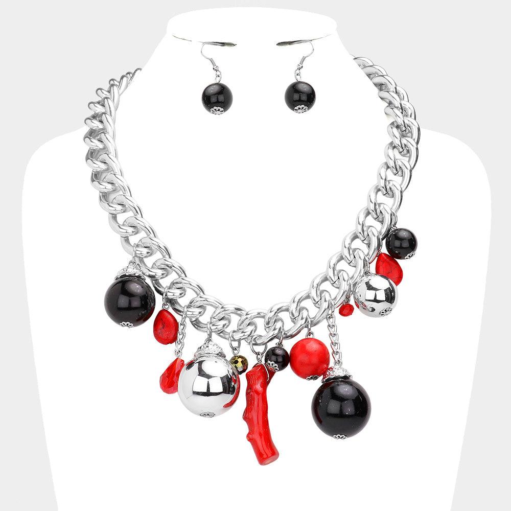 Red Natural Stone Metal Ball Pearl Coral Link Statement Necklace