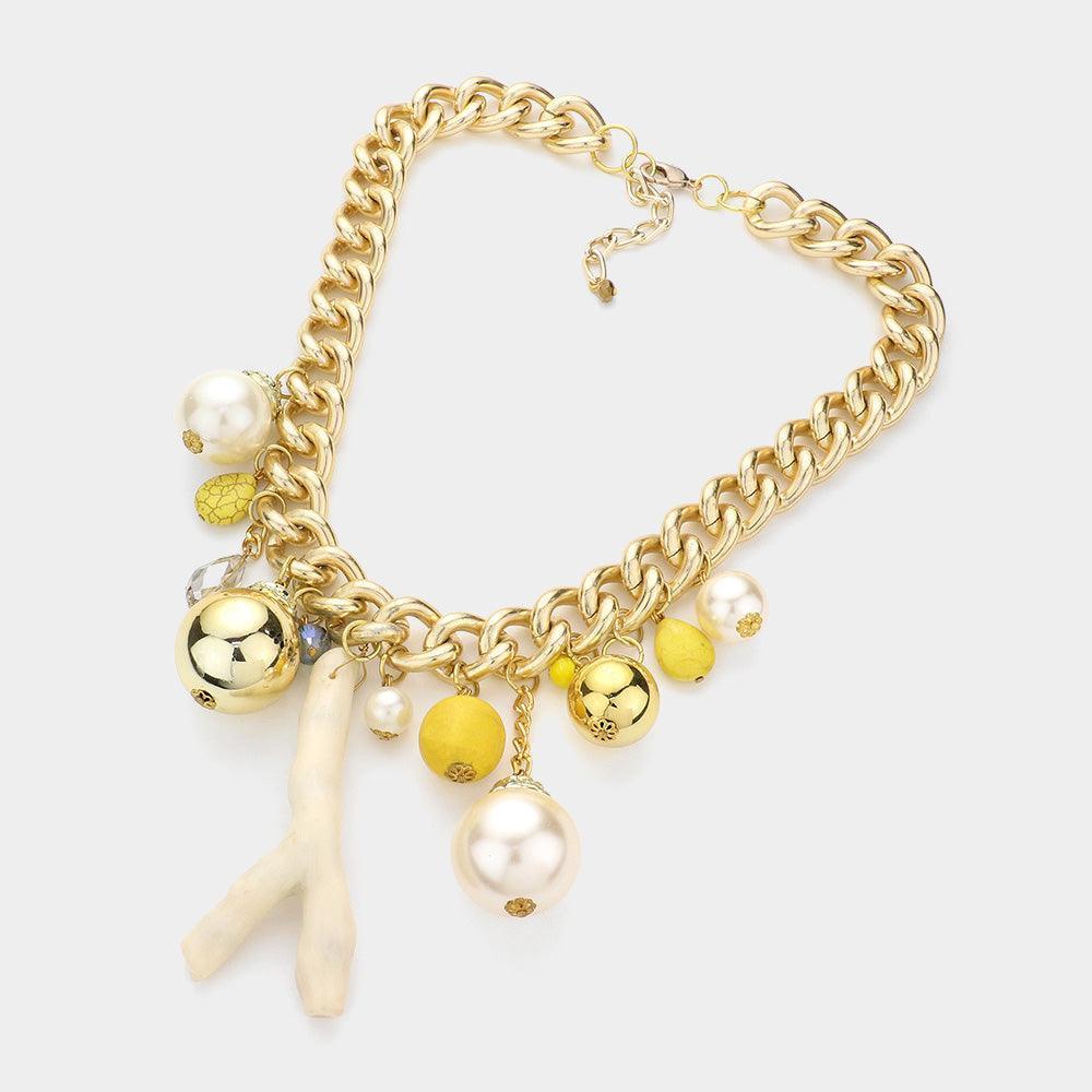 Yellow Natural Stone Metal Ball Pearl Coral Link Statement Necklace - Jewelry Store by Erik Rayo