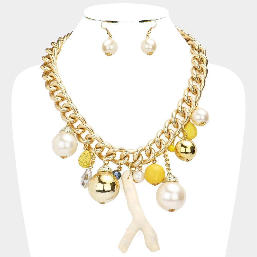 Yellow Natural Stone Metal Ball Pearl Coral Link Statement Necklace - Jewelry Store by Erik Rayo