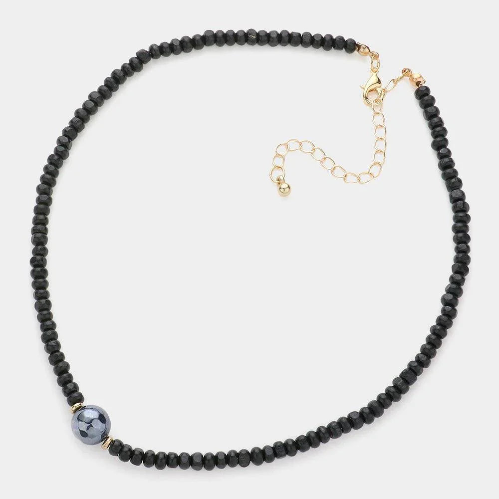 Black Round Bead Accented Wood Ball Necklace - Jewelry Store by Erik Rayo