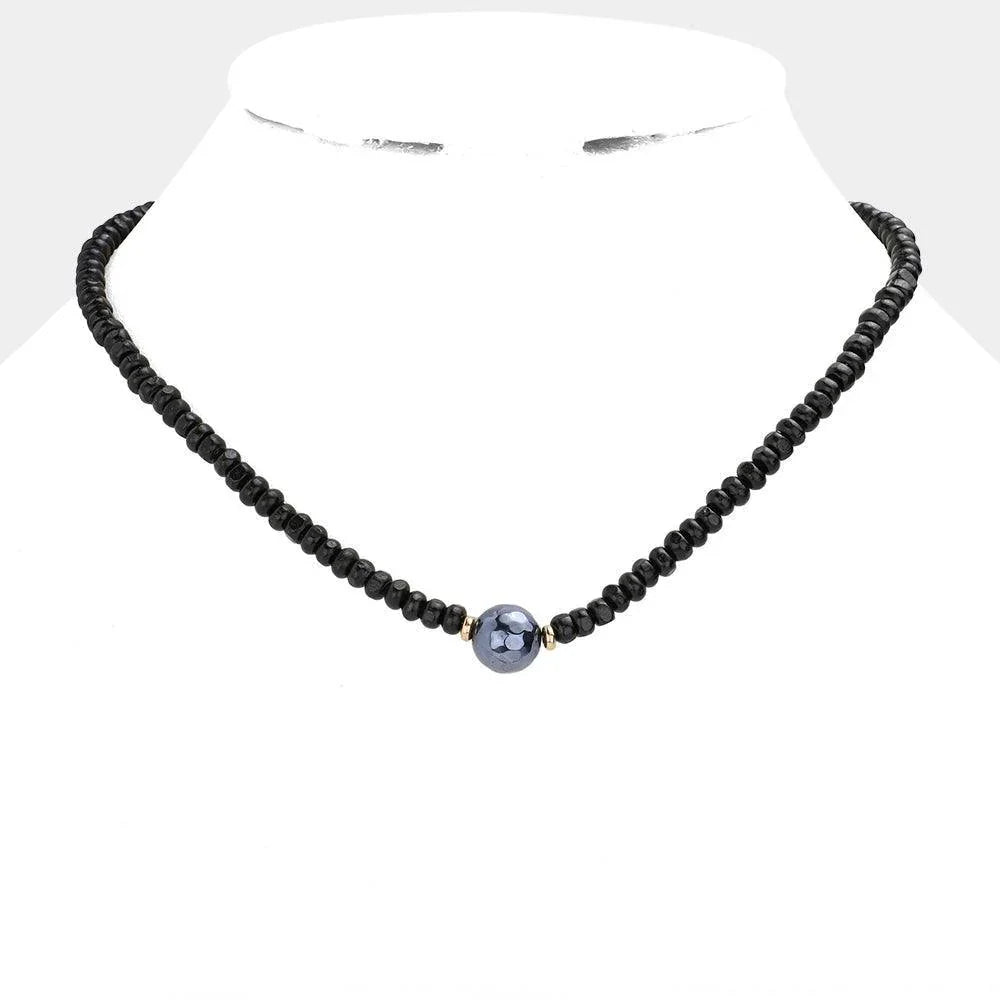 Black Round Bead Accented Wood Ball Necklace - Jewelry Store by Erik Rayo