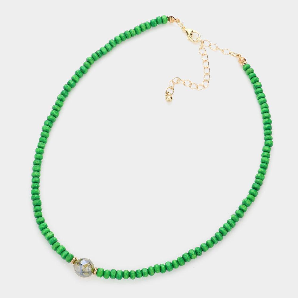 Green Round Bead Accented Wood Ball Necklace - Jewelry Store by Erik Rayo