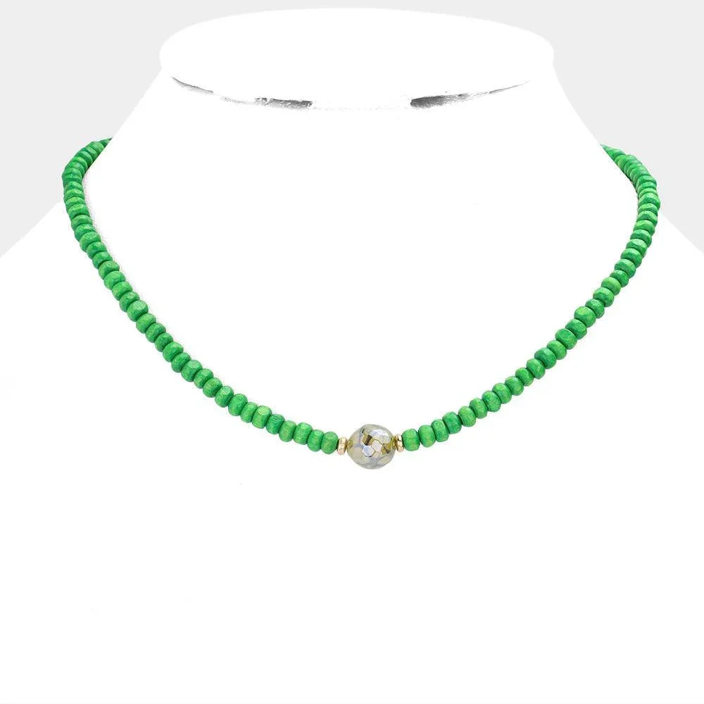 Green Round Bead Accented Wood Ball Necklace - Jewelry Store by Erik Rayo