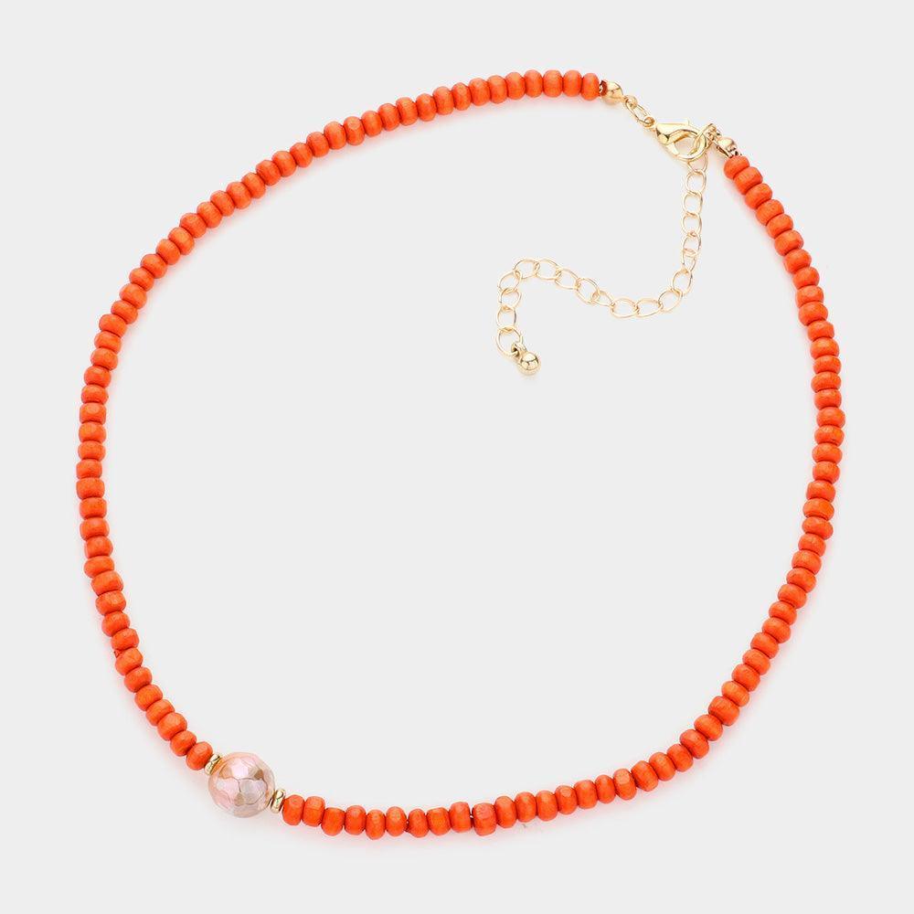 Orange Round Bead Accented Wood Ball Necklace - Jewelry Store by Erik Rayo