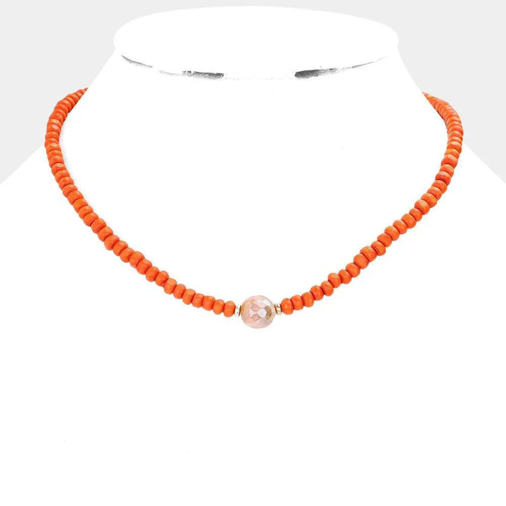 Orange Round Bead Accented Wood Ball Necklace - Jewelry Store by Erik Rayo