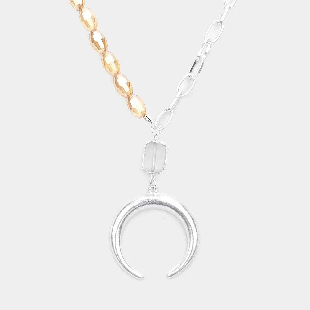 Beige Metal Double Horn Pendant Beaded Long Necklace - Jewelry Store by Erik Rayo
